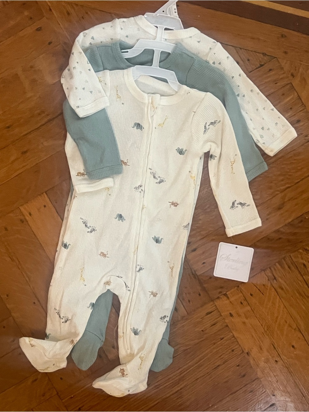3-Pack Ribbed Footed One-Pieces in Cream & Sage for Kids